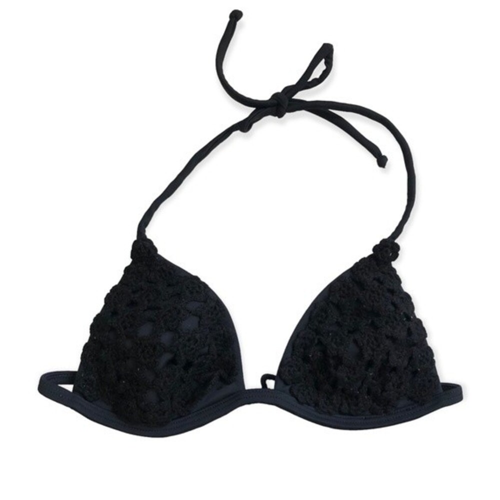 Black Embroidered Triangle Halter Neck Padded Swim Bra